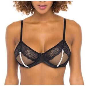 OH LA LA CHERI Alyssa Lace & Pearls Open Cup Bra S/M Black Underwire NWOT